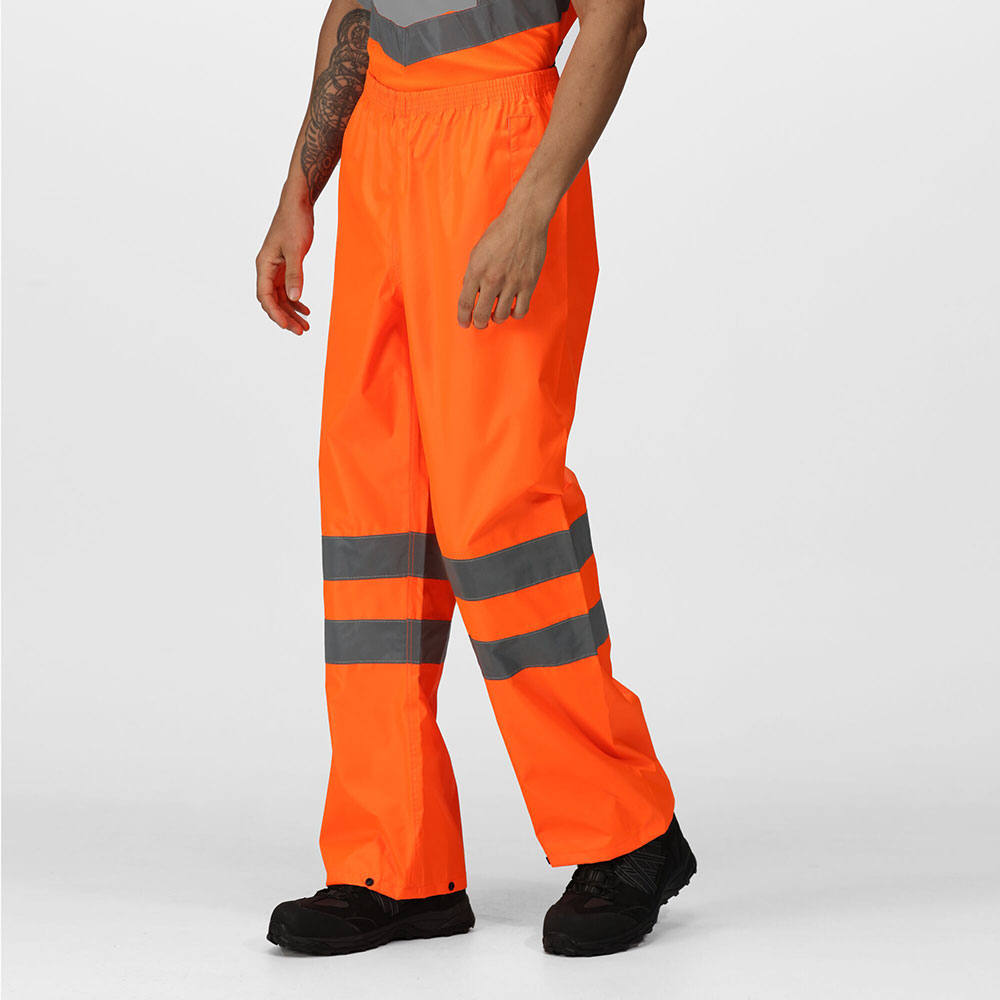 Regatta Professional Mens Hi Vis Pro Waterproof Reflective Packaway Work Over Trousers (Orange)