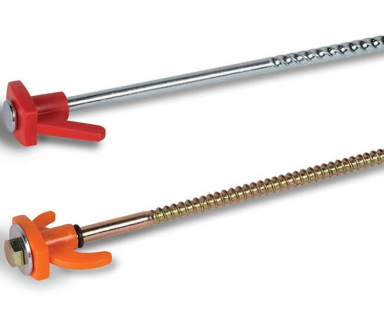 Pile driver/screw tent peg
Again, the pile driver or screw peg is similar to the rock peg but offers more grip thanks to the screw-like thread working its way up from the bottom. Thanks to thick durable steel, this type of tent peg is extremely durable and unlikely to bend or break.
 
