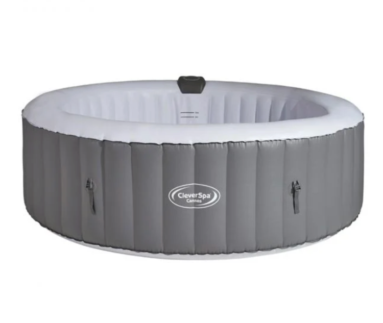 CleverSpa Cannes 6 Person Inflatable Hot Tub
To start, we have the CleverSpa 6 Person Inflatable Hot Tub, also available in a 4 person model. 
The CleverSpa Cannes 6 Person Inflatable Hot Tub is a very visually pleasing addition, and although we mentioned earlier to ensure you look over dimensions thoroughly –  this superb model fits 6 people very comfortably. 
In regards to the visual appearance, this inflatable hot tub consists of a beautiful grey leatherette finish, polished with a white interior. This is the perfect inflatable hot tub if durability, style, and comfort are your main priorities. 
Key features of the CleverSpa Cannes 6 Person Inflatable Hot Tub include: 

Large water capacity – 1000L. 
1.5-2° per hour. 
Massage air blower included. 
Rapid heating system – 40°C.
Less than 5 minutes to fully inflate.
Top cover with double-locking safety clips included. 
130 individual relaxing air jets. 
Will accommodate up to 6 people comfortably. 
Stylish design. 
Sophisticated built-in pump and heating system. 
Dimensions – 2.08M Diameter x 0.65M High

Discover the CleverSpa Cannes 6 Person Inflatable Hot Tub now
