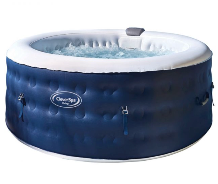 CleverSpa Malaga 4 Person Inflatable Hot Tub
Last but not least, we have the fantastic CleverSpa Malaga 4 Person Inflatable Hot Tub. 
This model will give you the strength and comfort you want from an inflatable hot tub, which is provided by the durable Triple-S fabric. In addition, this model features a unique cushioned coil-beam structure design. 
This CleverSpa model is perfect if you’re wanting to add a touch of style and glamour to your outdoor (or indoor)  space. The CleverSpa Malaga is ideal for accommodating up to 4 people comfortably, also featuring 110 powerful air jets.
The model showcases an elegant petrol blue colour,  providing a stunning aesthetic – truly adding a beautiful presence to any area. It’s great for all-year-round use, with a built-in pump and heating system and an insulated top cover with double-locking safety clips included with your purchase. 
In regards to setting up theCleverSpa Malaga 4 Person Inflatable Hot Tub – it’s quick and easy, as full inflation takes less than 5 minutes. 
Key features of the CleverSpa Malaga 4 Person Inflatable Hot Tub include: 

110 individual air jets for optimum relaxation.
Built-in pump system.
Built-in heating system.
Fits up to 4 people comfortably.
Perfect for all-year-round use.
Excellent value for money. 
Extremely durable. 
Inflation time takes less than 5 minutes.
The top cover is specially designed to ensure ultra safety. The ability to double lock each clip with the safety locking is ensured with the keys provided. 
Dimensions – 1.80m Diameter x 0.65m High.

The CleverSpa Malaga 4 Person Inflatable Hot Tub is no longer available
