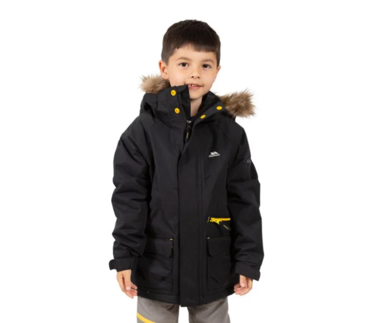 Trespass Kids Upbeat Waterproof Insulated Parka 
Lastly, we have the Trespass Kids Upbeat Waterproof Insulated Parka – perfect for any little adventurer in the making!
An ideal choice for shielding your little one from the elements, this is an ultra-warm and ultra-comfortable waterproof insulated parka-style jacket made by industry leader, Trespass.
A great all-rounder jacket, this Trespass creation benefits from Tres-Shield fabric, Coldheat insulation and comfort and added protection features – such as fully adjustable cuffs and removable faux fur trim. 
